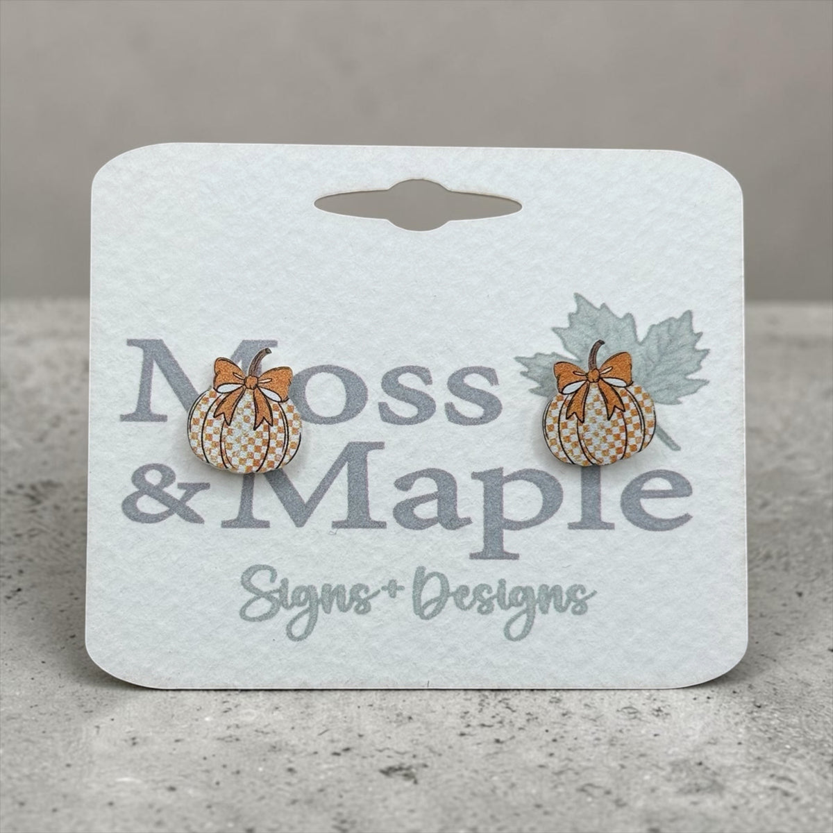 Checkered Pumpkin Earrings with Bow - Wooden Stud Earrings