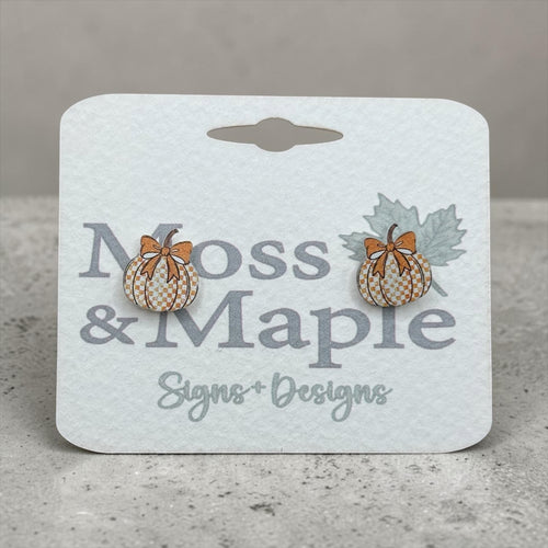 Checkered Pumpkin Earrings with Bow - Wooden Stud Earrings