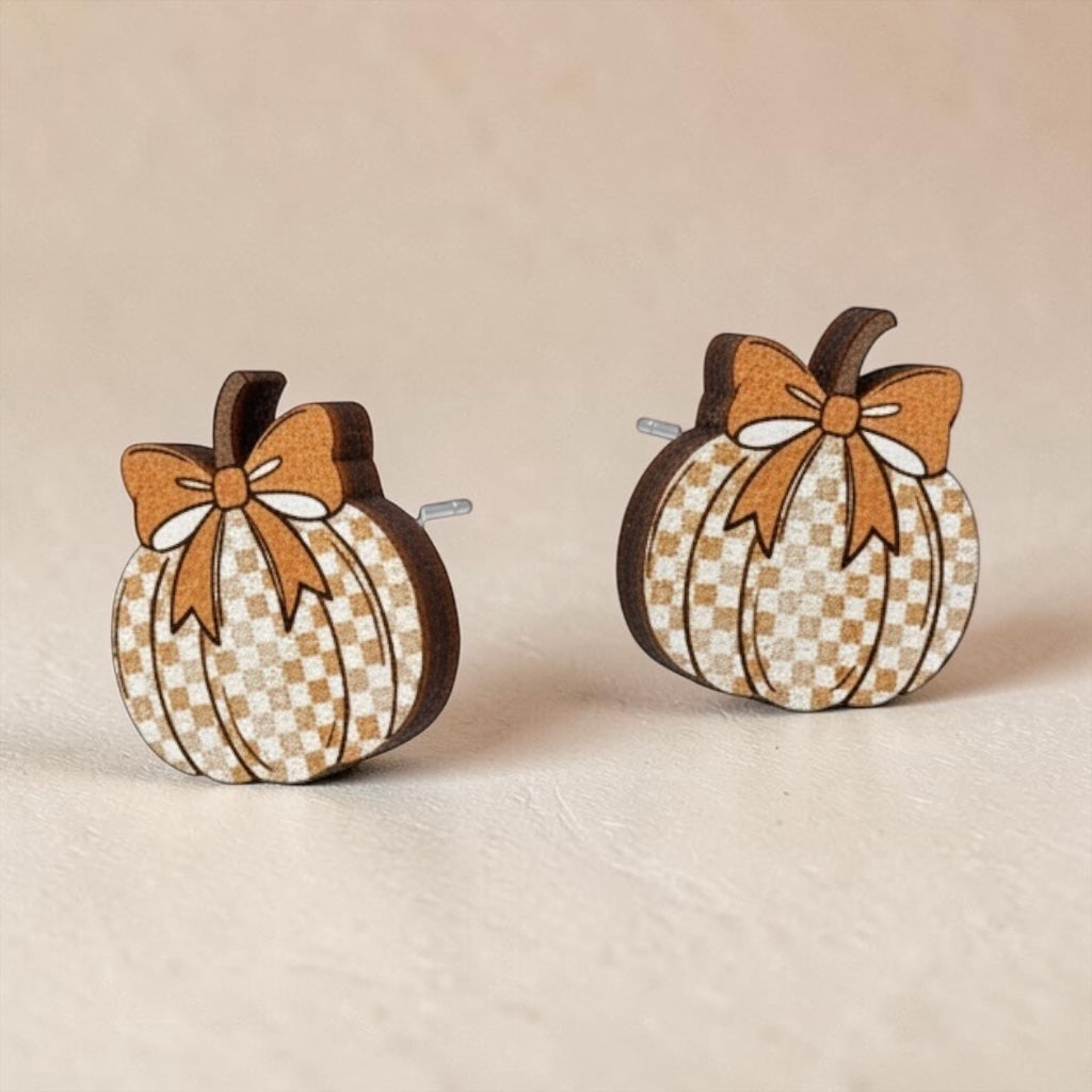 Checkered Pumpkin Earrings with Bow - Wooden Stud Earrings