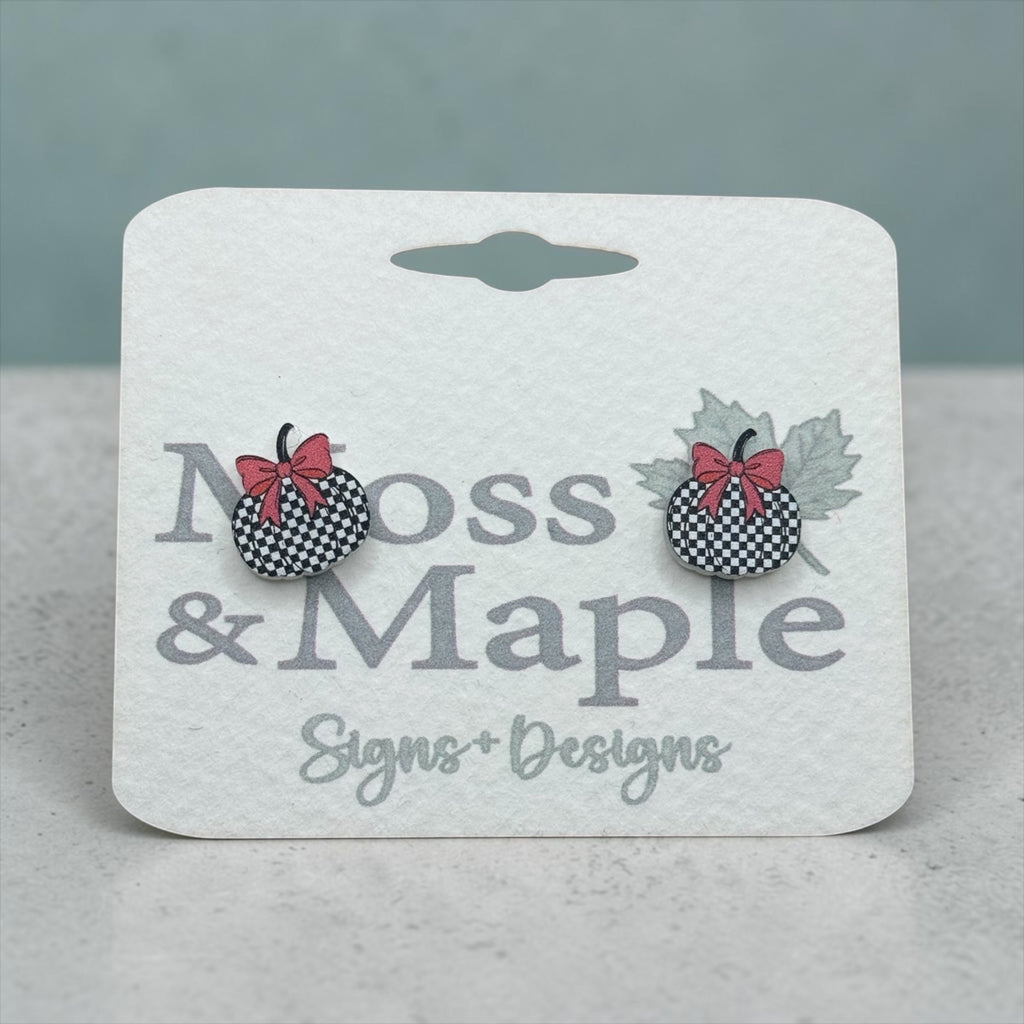 Checkered Pumpkin Earrings with Pink Bow
