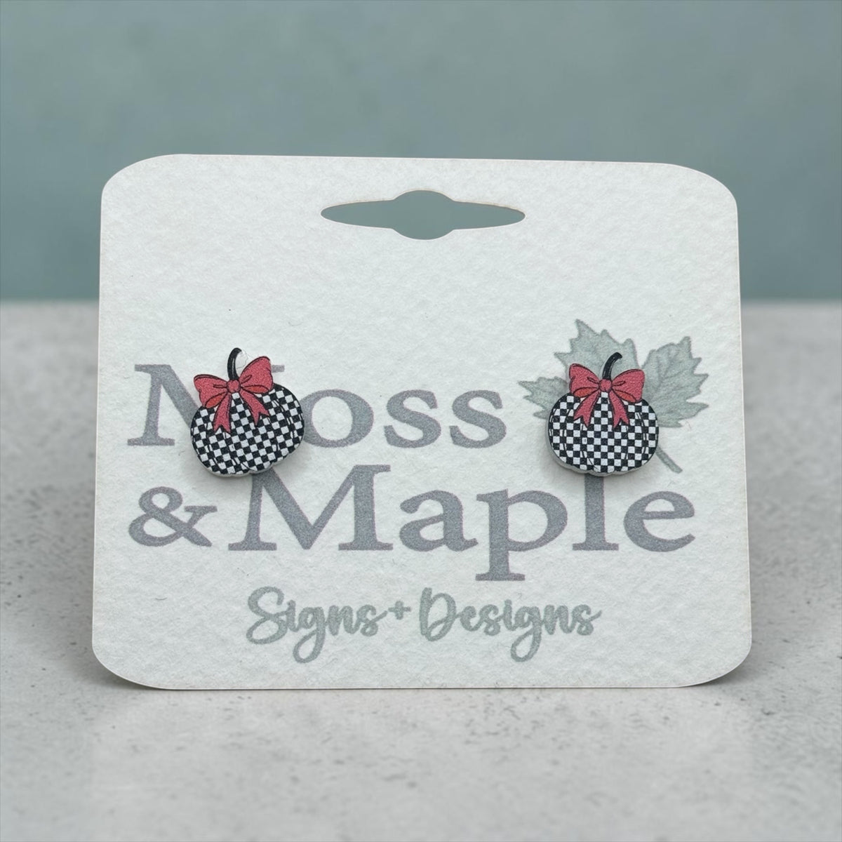 Checkered Pumpkin Earrings with Pink Bow