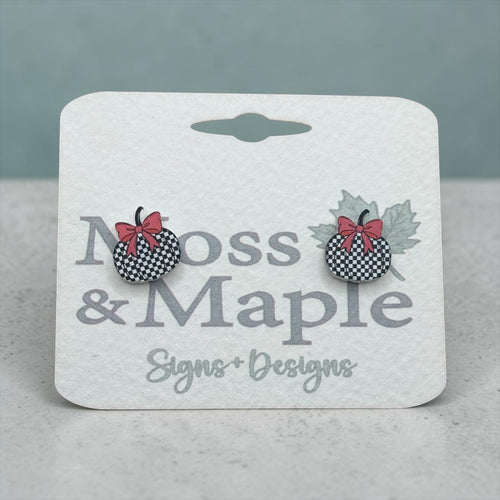 Checkered Pumpkin Earrings with Pink Bow