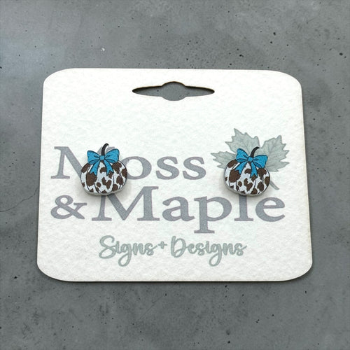 Leopard Pumpkin Acrylic Earrings with Blue Bow