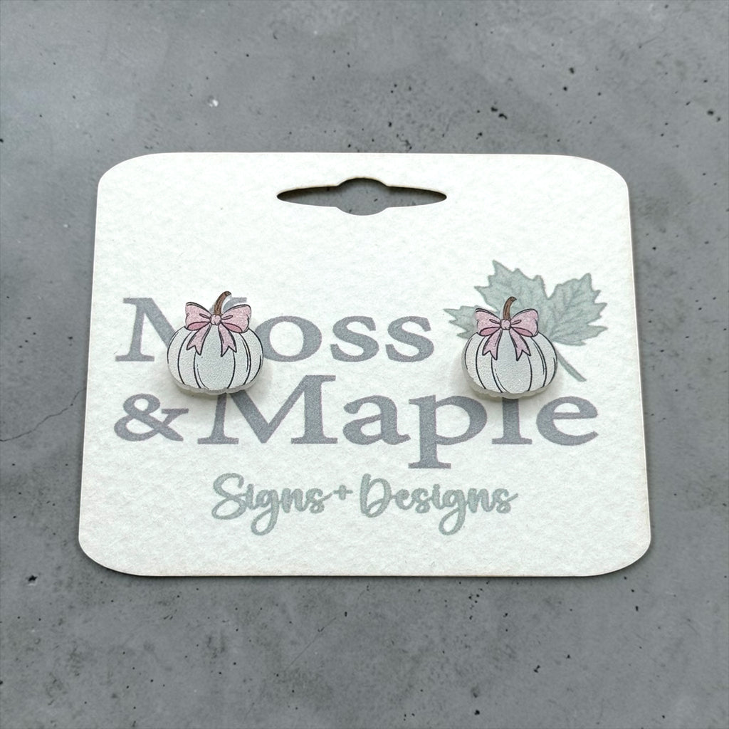 White Pumpkin Earrings with Pink Bow - Acrylic Stud Earrings