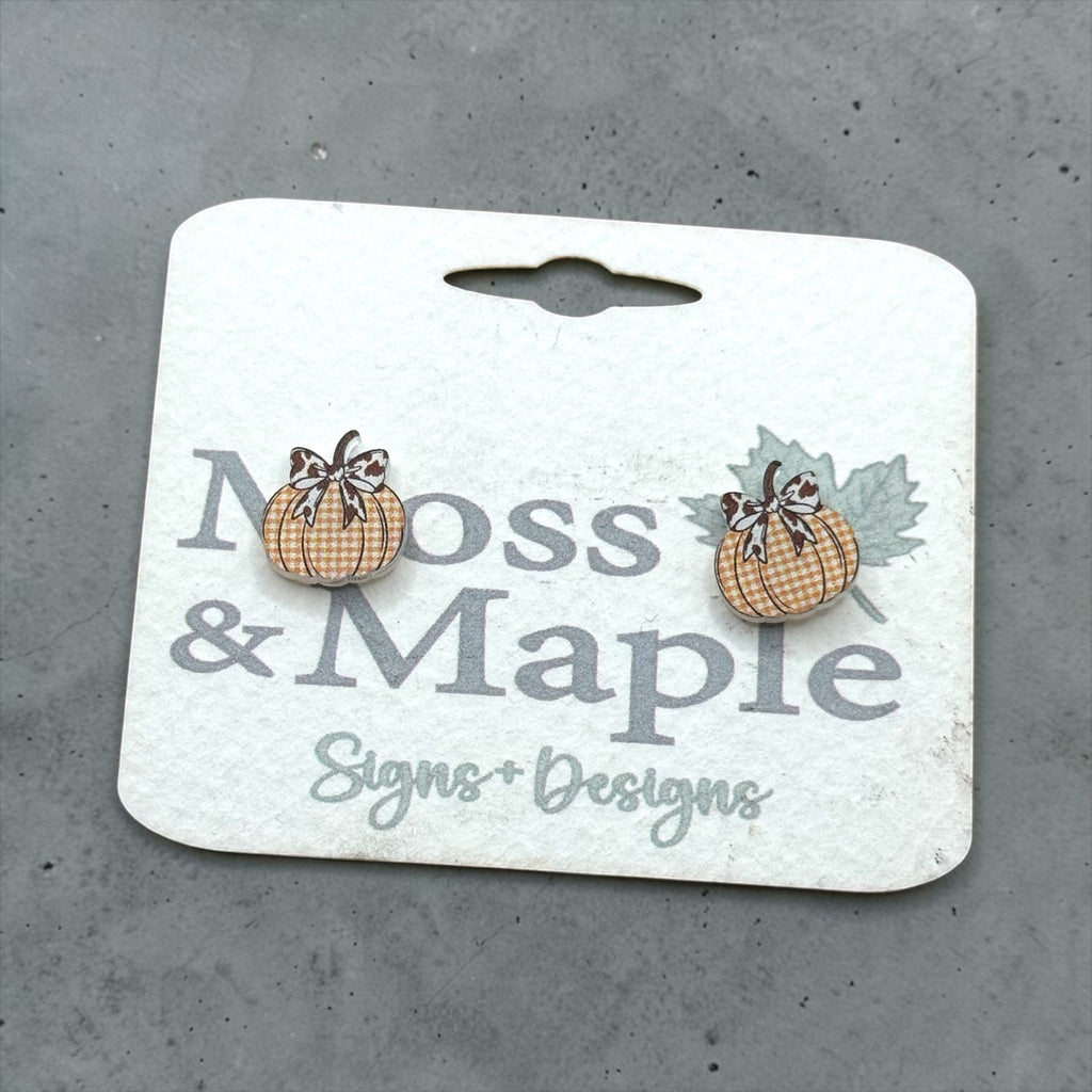 Pumpkin Acrylic Earrings with Gingham Pattern and Bow