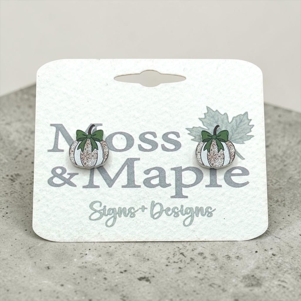 White Pumpkin Acrylic Earrings with Green Bow