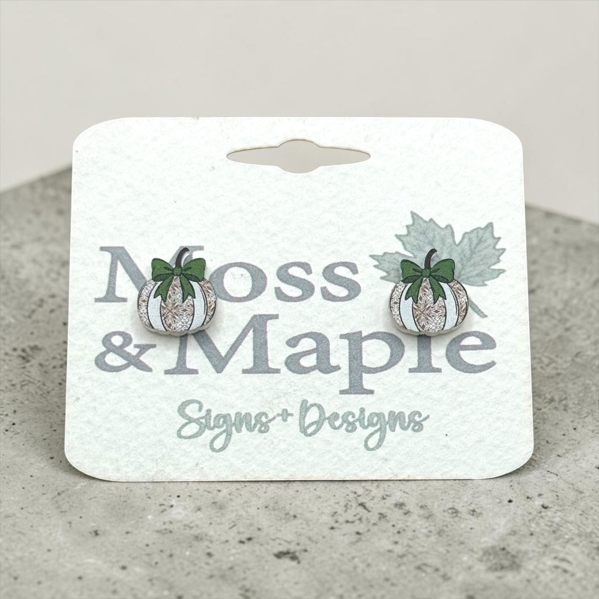 White Pumpkin Acrylic Earrings with Green Bow