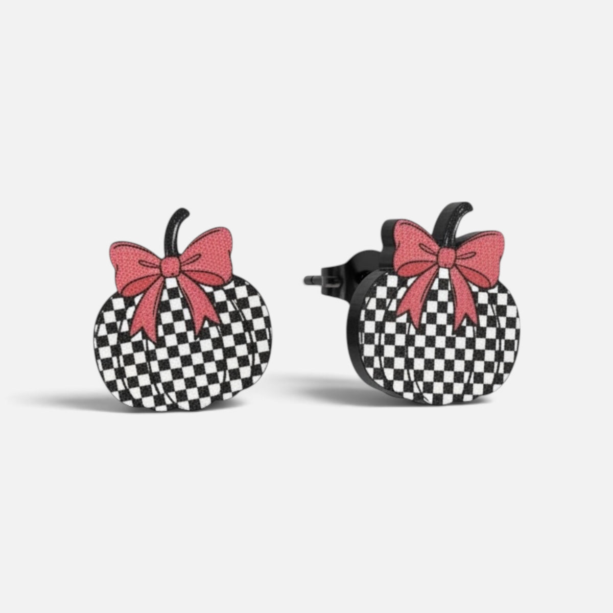 Checkered Pumpkin Earrings with Pink Bow