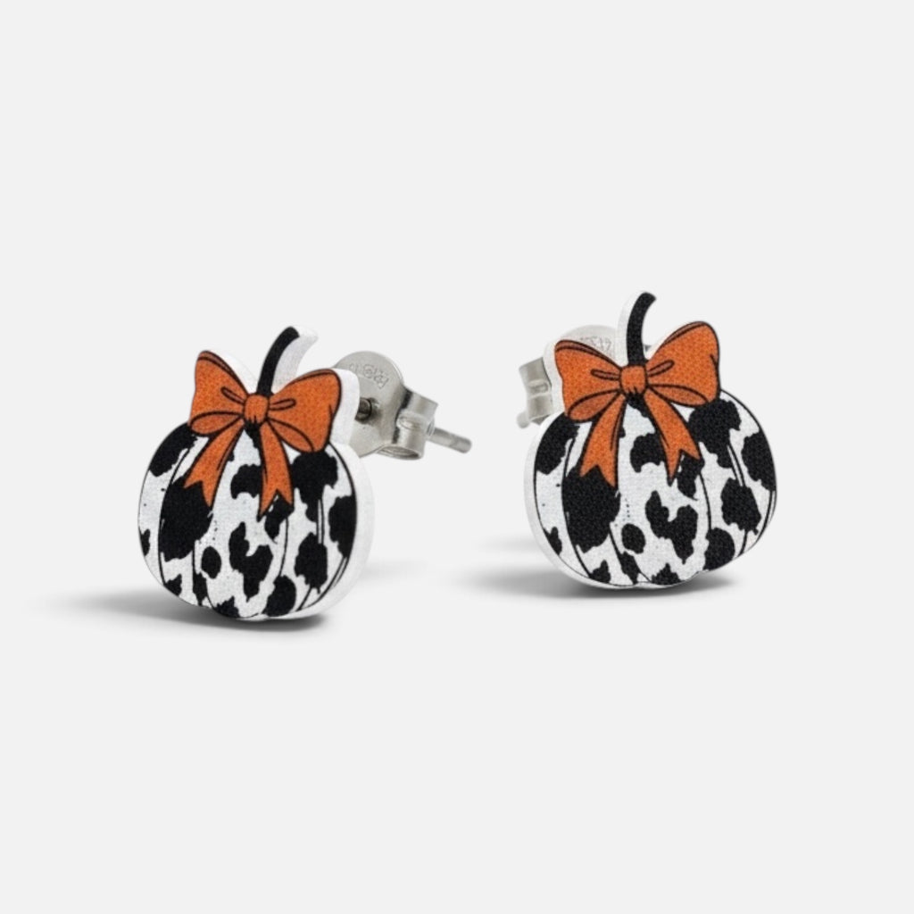 Leopard Print Pumpkin Earrings with Orange Bow