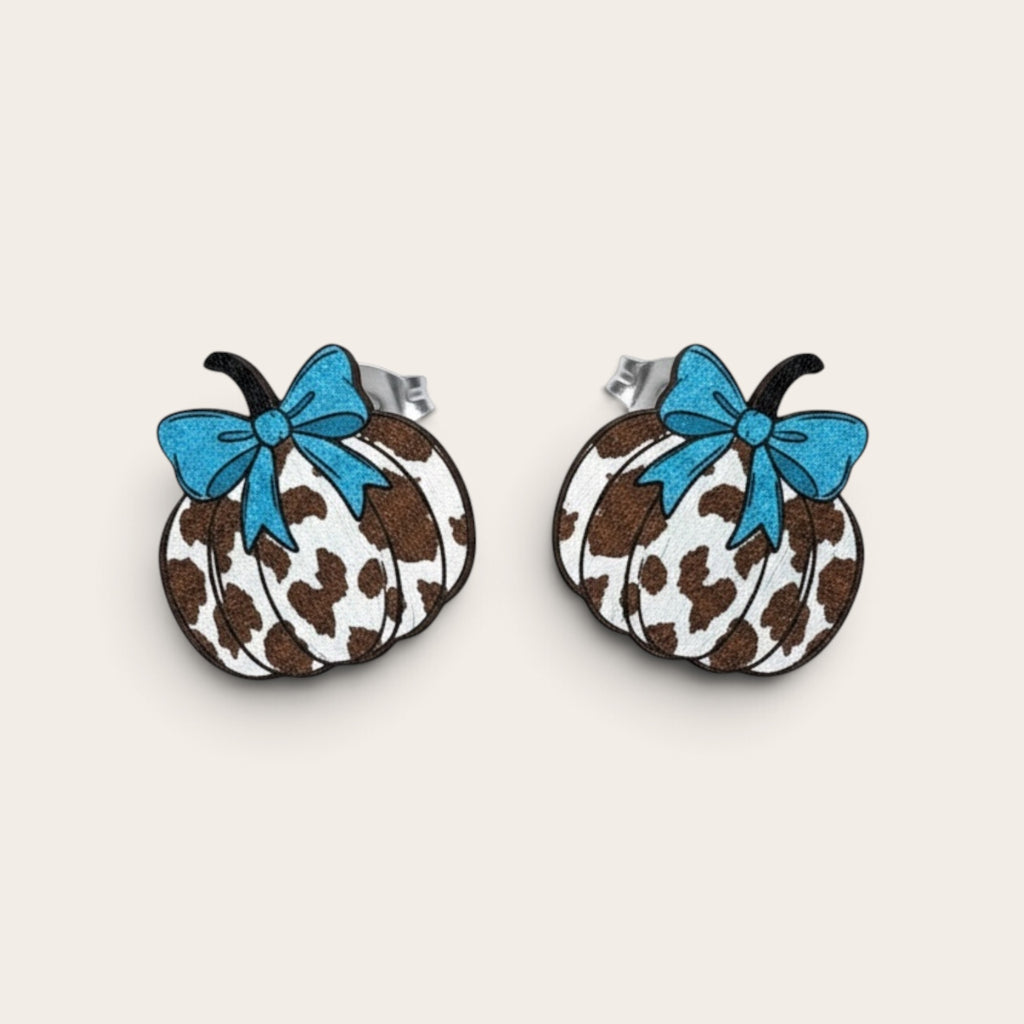 Leopard Pumpkin Acrylic Earrings with Blue Bow