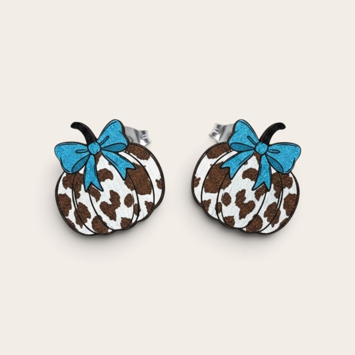 Leopard Pumpkin Acrylic Earrings with Blue Bow