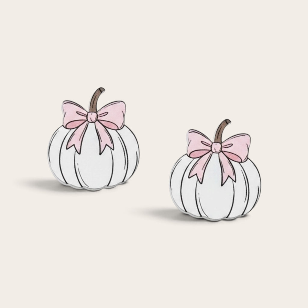 White Pumpkin Earrings with Pink Bow - Acrylic Stud Earrings