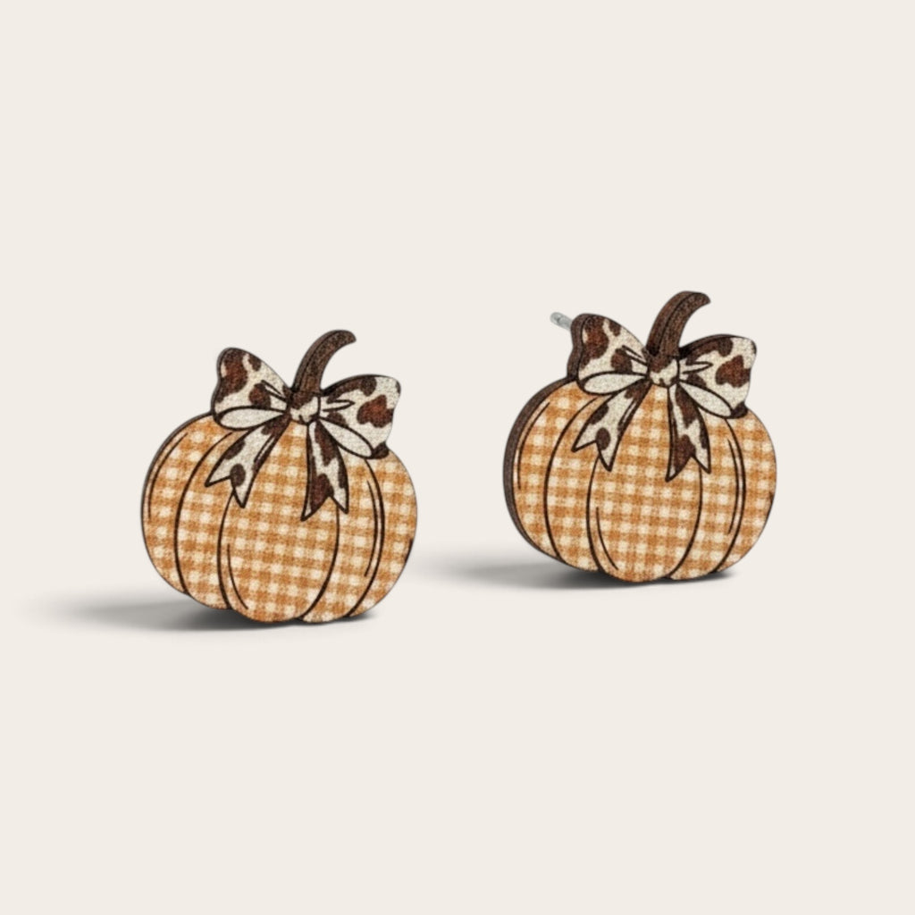 Pumpkin Acrylic Earrings with Gingham Pattern and Bow