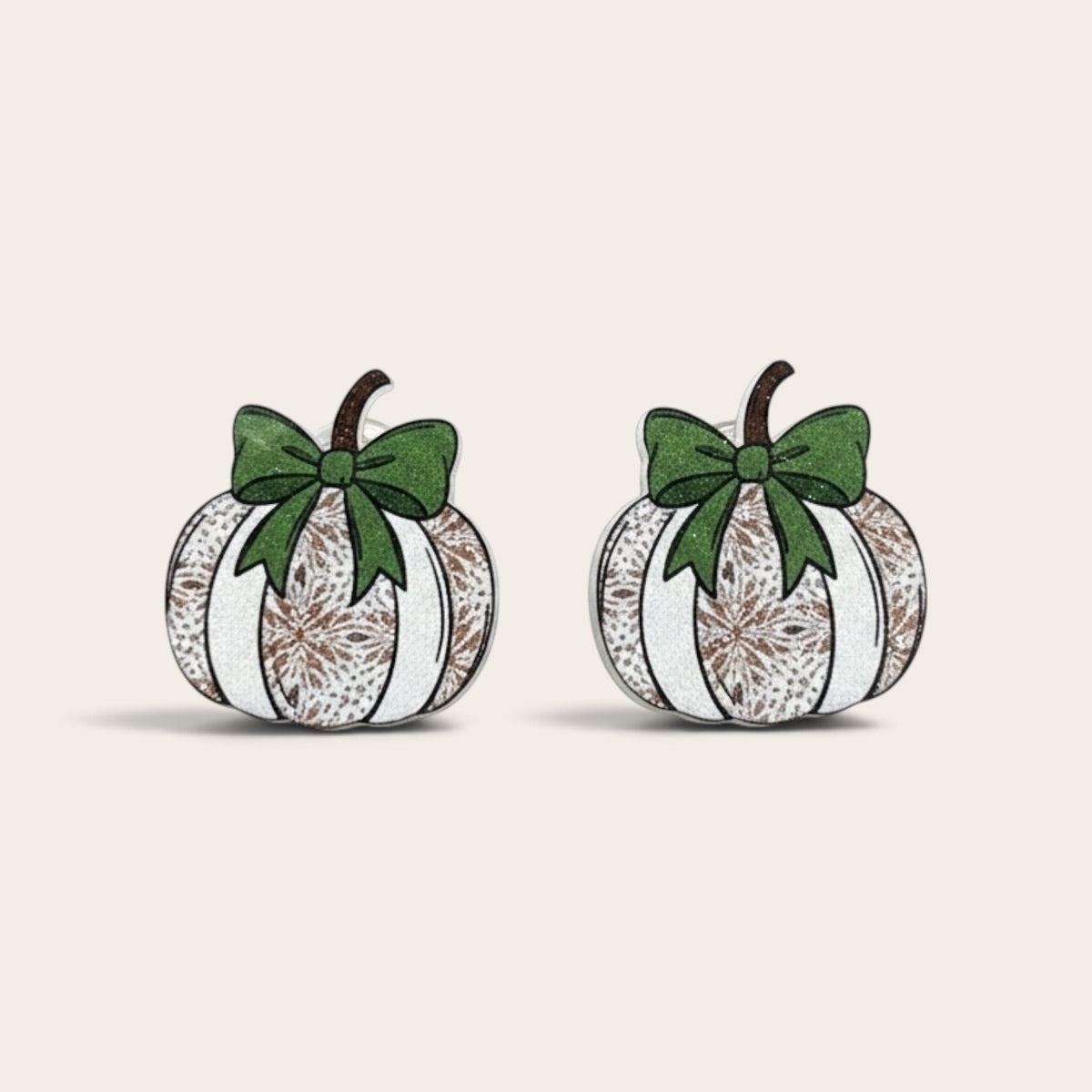 White Pumpkin Acrylic Earrings with Green Bow